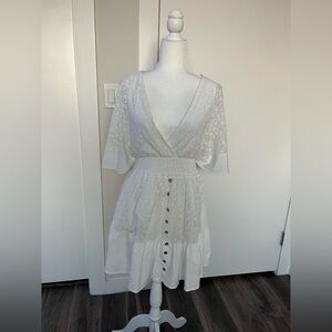 White Babydoll Lace Dress with Button Detail and Smocked Waist